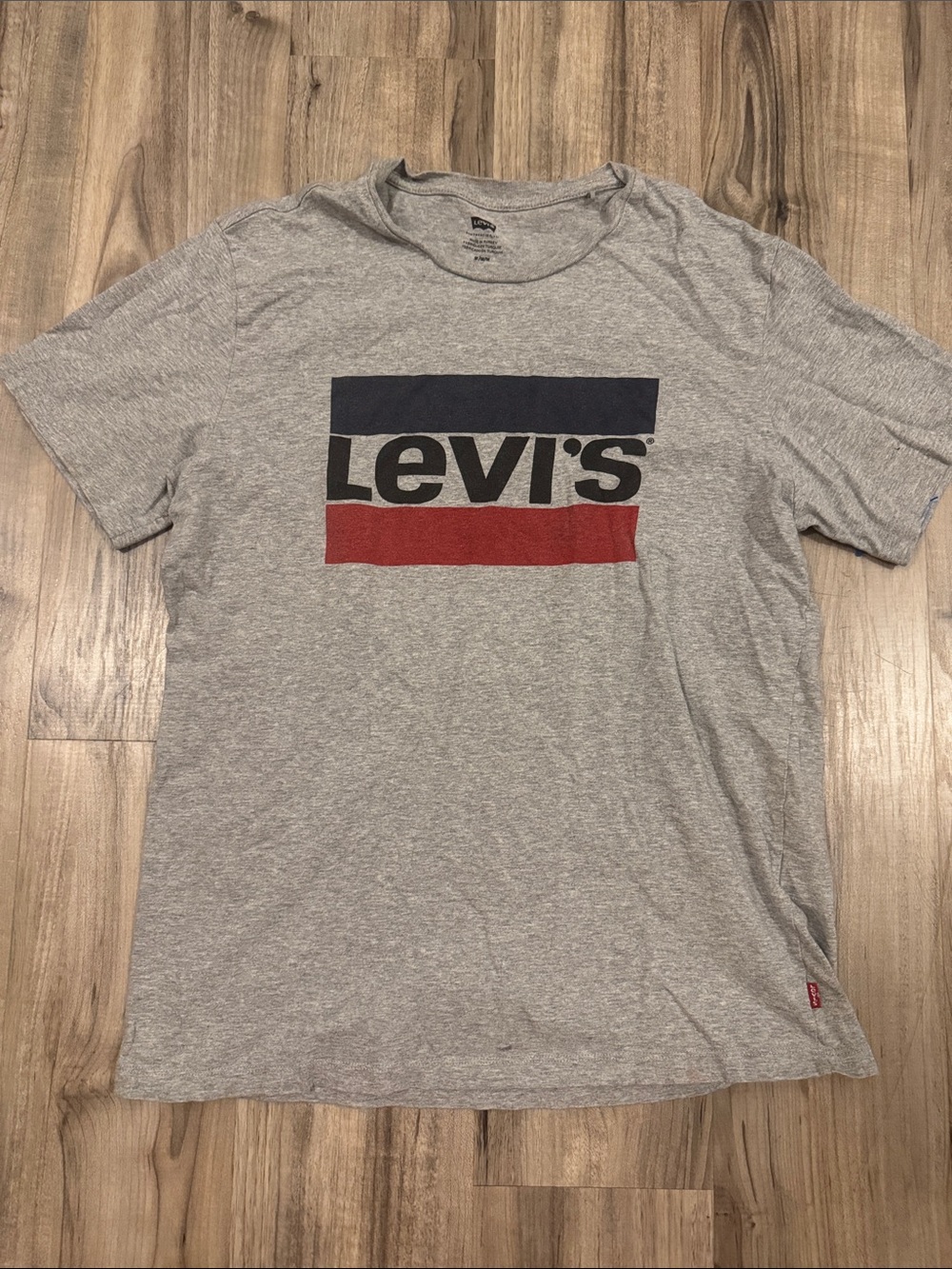 Levi's Heather Gray Short Sleeve Logo Tee with Navy & Red Stripes